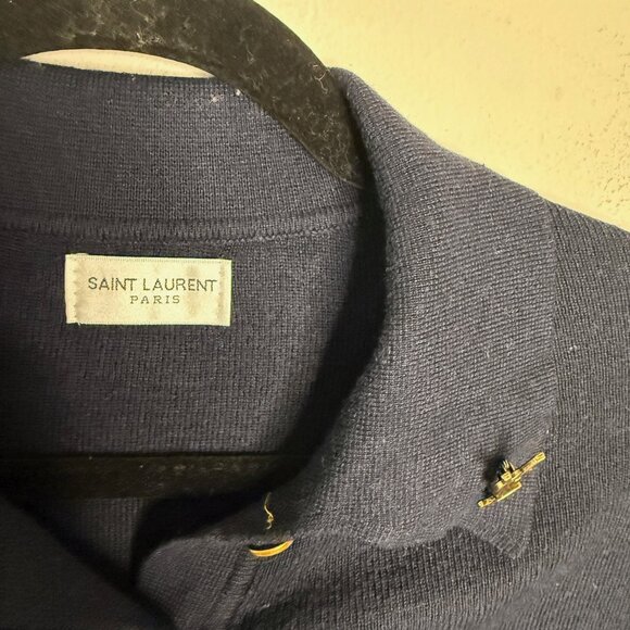 Yves Saint Laurent Blue Vintage Quarter Button Logo Pin Polo Short Sleeve authen - Picture 4 of 4